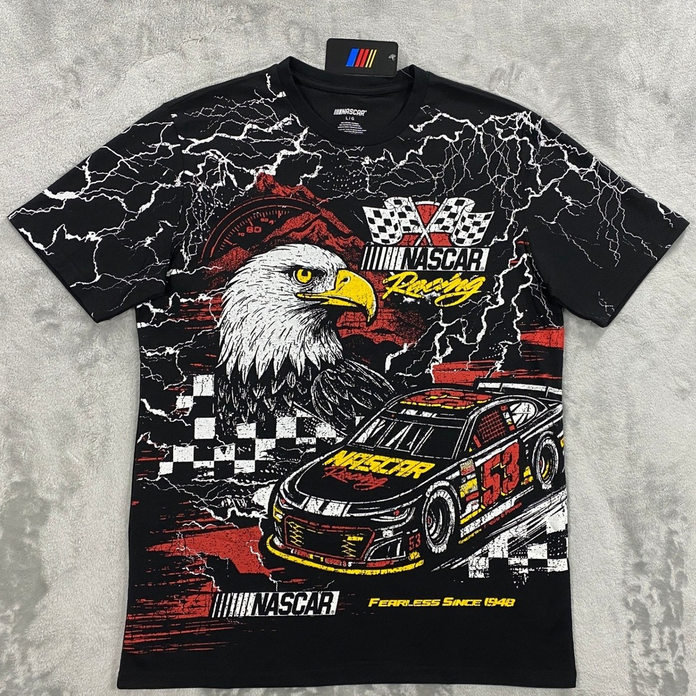 NASCAR 1948 Racing Eagle Lightning T-Shirt Men L Black RaceCar Checkered America - Picture 1 of 6